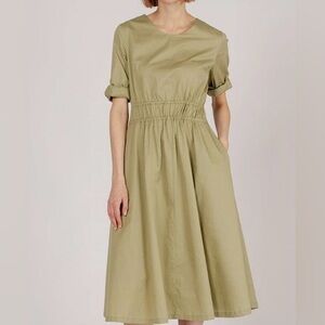 HARSHMAN Adler midi dress in olive green. 100% cotton.